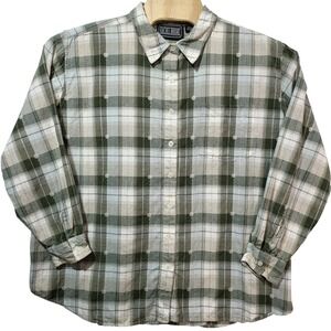 Rachel Brooke Womens 3X Plaid Embroidered Daisy Button Shirt Sage Green Cotton *